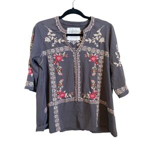 CAITE Embroidered Top Gray Floral 3/4 Sleeve Boho Handmade India Size Large